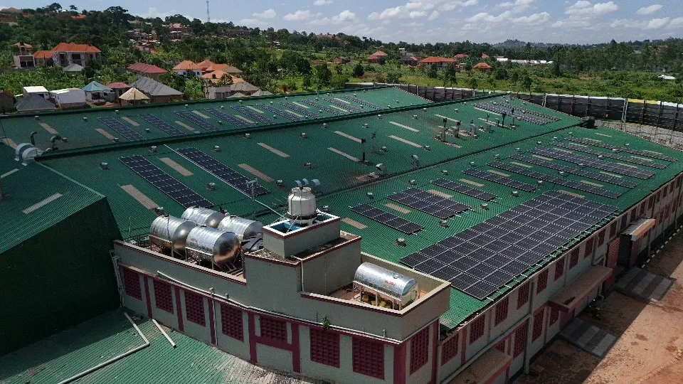 Aerial view of the rooftop solar system at Sumz Food Industries in Nkoowe, Uganda